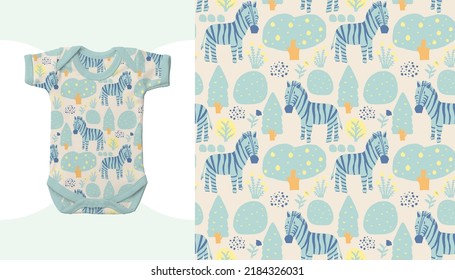 Baby Toddler Neutral Bodysuit Fashion Illustration. Vector Repeating Seamless Patterns of Blue Zebra in the pastel blue forest, Animal Safari theme Illustration for baby Clothes