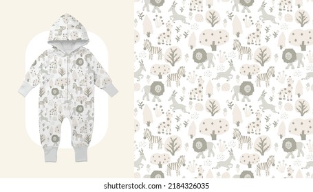 Baby Toddler Neutral Bodysuit Fashion Illustration. Vector Repeating Seamless Patterns of               monotone, black and white Safari animal in the forest, ex. Lion, Deer, Zebra, Girafe