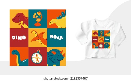 Baby Toddler Neutral Bodysuit Fashion Illustration. Colorful Flat Dinosaur Collection Isolated on white background