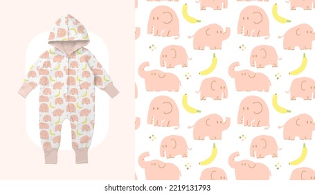 Baby Toddler Neutral Bodysuit Fashion Illustration. Vector Repeating Seamless Patterns of Pink pastel elephant and banana on white background