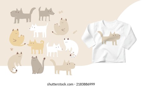 Ilustración De Moda De Diseño Neutral De Camisetas Para Bebé. Vector repitiendo patrones sin foco de diseño gráfico de gatos y perros color beige aislado en fondo blanco