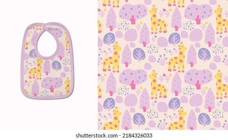 Baby Toddler Pink Velcro Bib Fashion Illustration. Vector Repeating Seamless Patterns Yellow Girafe in the pastel pink and violet forest, Animal Safari Theme Illustration