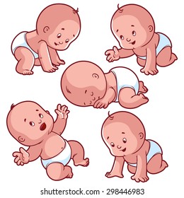 Baby toddler set with babies in white diapers, crawling baby, sleeping baby and happy baby. Vector cartoon character isolated on white background.