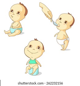 Baby Toddler Set. Baby With Tummy Aches, Baby Taking Medicine, Baby On The Potty. Vector Illustration
