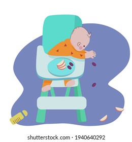 Baby Or Toddler Throwing Food From Chair. Toddler Development Concept Isolated Vector