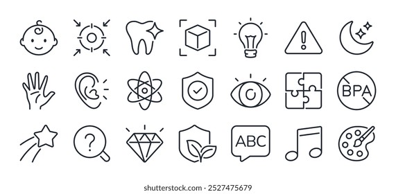 Características de brinquedos infantis para bebês. Alívio de dentição, habilidades motoras finas, coordenação de olhos de mão ícones de contorno de traçado editáveis definidos isolados em fundo branco ilustração de vetor plana. Pixel perfeito. 64 x 64