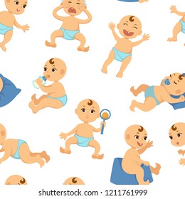 Baby toddler vector flat character seamless pattern.