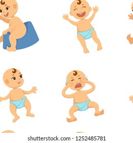 Baby toddler vector flat character seamless pattern. Isolated flat cartoon set of boy or girl infant or cute child toddler in diaper playing with beanbag toddling or crying with pacifier, sleeping and