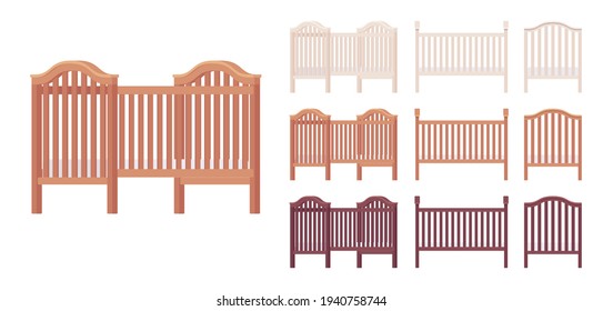 Baby And Toddler Wooden Cot Bed Set. Nursery Home Small Furniture For Young Child, Infant Safe Cradle. Vector Flat Style Cartoon Illustration Isolated On White Background, Different Colors, Views