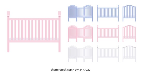 Baby and toddler wooden cot bed pink, blue, white set. Nursery home furniture for child, infant safe cradle. Vector flat style cartoon illustration isolated on white background, different colors, view