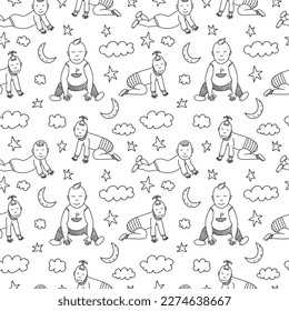 Baby toddlers seamless pattern with clouds and stars. Cute little babies doodle on white background