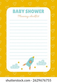 baby to-do list for a newborn baby shower with a rocket in bright colors