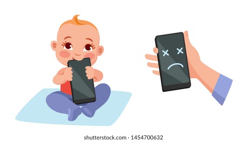 baby took smartphone in his mouth, ruined it,  gadget broke.