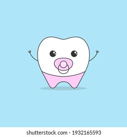 Baby tooth cute cartoon character symbol first teeth flat vector illustration.