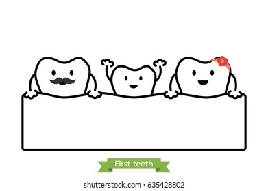 baby tooth in funny family - first teeth concept - dental cartoon vector outline style, cute character for design