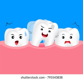 Baby tooth rocking. Dental care concept, illustration on blue background.