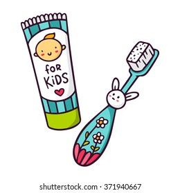 Baby Toothpaste And Toothbrush For Kids, Bright Vector Children Illustration Of Toiletries Isolated On White