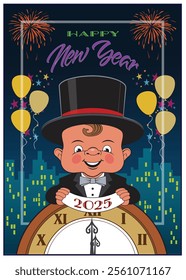 A baby in a top hat rings in the new year.