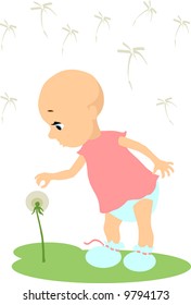 baby touching the dandelion