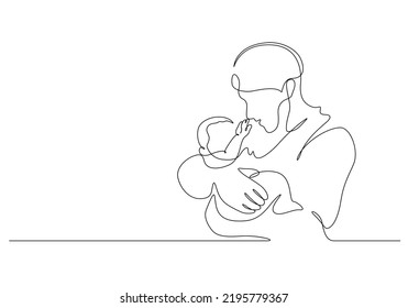 baby touching father's nose in continuous line drawing. dad carrying baby in hands vector illustration