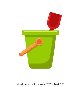 Baby toy bucket and shovel on white background cartoon illustration. Toys for sand pit for children development. Entertainment, education, game concept