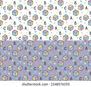 Baby toy, building block seamless pattern. Hand drawn doodle paint brush design, abc alphabet font, bright neon color palette. Cute nursery decor print. Transparent background. Vector illustration