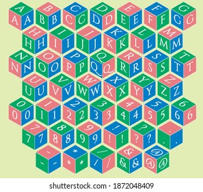 Baby Toy Building Blocks. Vector Alphabet Blocks. Kids Alphabet And Numbers Block Set. 3D Isometric Cubes. Letters, Numbers And Symbols