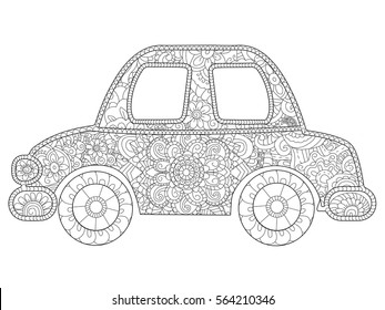 Baby toy car animal coloring book for adults vector illustration. Anti-stress coloring for adult. Zentangle style. Black and white lines transport. Lace pattern plaything