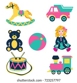 Baby toy car, bear, horse, doll, ball, engine, drum isolated on white, Vector cartoon Illustration, Character design for poster, greeting card, children invite, baby shower, creation of alphabet