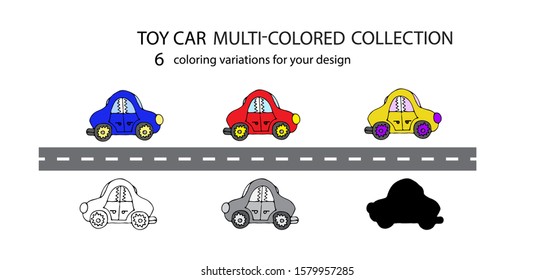 Baby toy car - hand drawn line icon set with many coloring variations. Isolated stock vector on white background, black, pink, blue, yellow lines. Doodle style doll for prints, mugs, postcards