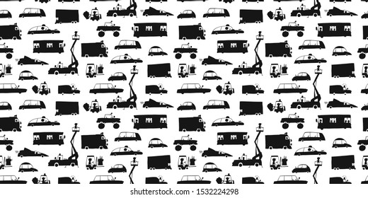 Baby toy cars collection, black silhouettes. Seamless pattern for fabric design. Vector illustration