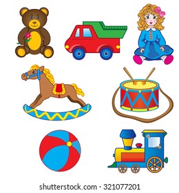 Baby toy drawings, car, bear, horse, doll, ball, engine, drum isolated on white, Vector Illustration, Character design for poster, greeting card, children invite, baby shower, creation of alphabet