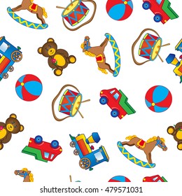 Baby toy drawings, car, bear, horse, ball, train, drum isolated on white, Vector Illustration, Seamless pattern, Character design for  greeting card, children invite, baby shower, creation of alphabet