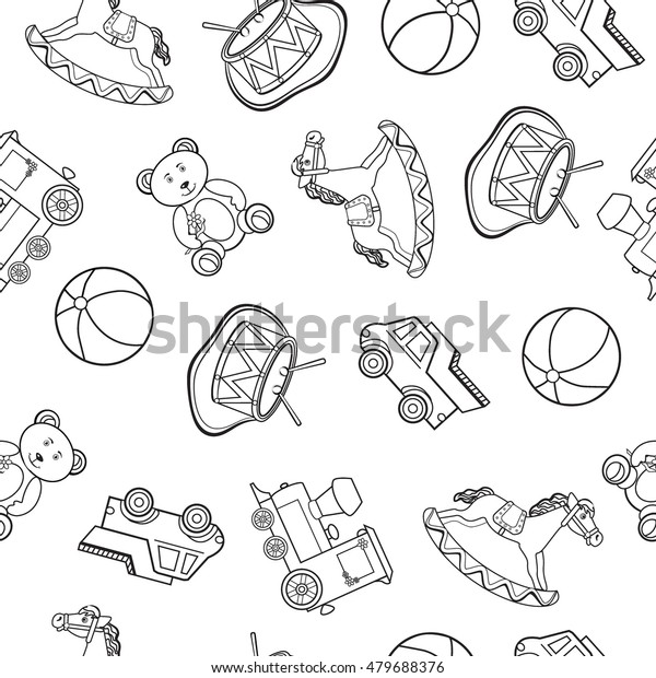 Baby toy drawings, car, bear, horse, ball,\
train, drum isolated on white, Vector Illustration, Seamless\
pattern, Character design for greeting card, children invite, baby\
shower, creation of\
alphabet