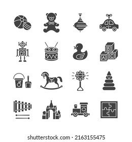 Baby toy glyph icon set. Vector collection with duck, bear, car, robot, horse, ball, rattle. 