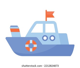 Baby toy icon. Blue ship, boat, or yacht for sailing on sea. Entertainment and play for children. Design element for stickers and print. Cartoon flat vector illustration isolated on white background