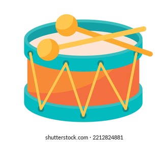 Baby toy icon. Bright sticker with round drum and wooden sticks for children. Musical instrument. Design element for social networks. Cartoon flat vector illustration isolated on white background