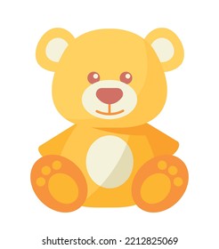 Icono de juguete para bebés. Afiche colorido con oso de peluche o juguete de peluche suave para niños. Entretenimiento o juego. Elemento de diseño para pegatinas e impresión. Dibujo vectorial plano de dibujos animados aislado en fondo blanco