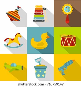 Baby toy icon set. Flat style set of 9 baby toy vector icons for web design