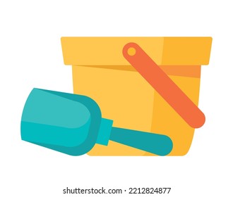 Baby toy icon. Sticker with yellow bucket and blue shovel for outdoor play. Colorful sandbox equipment. Element for packaging design. Cartoon flat vector illustration isolated on white background