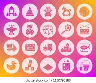 Baby toy icons set. Web sign kit of children play. Kids game pictogram collection includes doll bear, cubes, castle. Simple baby toy vector symbol. Icon shape carved from circle on colorful background