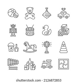 Baby toy line icon set. Vector collection with bear, duck, car, robot, horse, ball, rattle. Editable stroke.