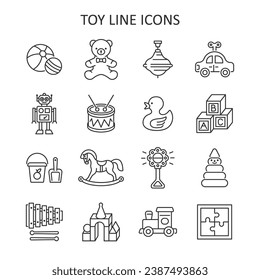 Baby toy line icon set. Vector collection with duck, bear, car, robot, horse, ball, rattle, drum.  
