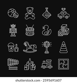 Baby toy line white icon set on black background. Vector collection with duck, bear, car, robot, horse, ball, rattle. Editable stroke.