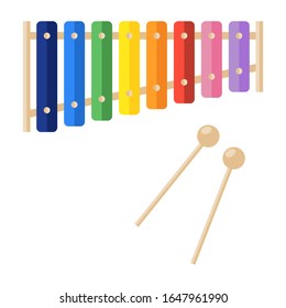 baby toy rainbow color xylophone isolated on white backdrop. orchestra classical instrument with sticks,drumstick for creative kids, happy melody, colorful design, acoustic noise, preschool education 