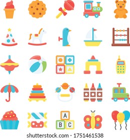 baby toy related, color pencils, umbrella, blocks, football, jeep, mobile, rocking horse, cubes, spinning top, boat, cap, butterfly, pyramids, hand toy, and candies vectors in flat style