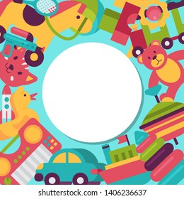Baby toy round pattern in flat cartoon style. Kids game teddy bear, pyramid, doll. Children fun and activity play colorful kindergarten background vector illustration.