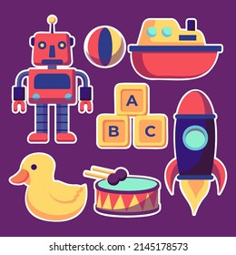 Juego de juguetes para bebés. Objeto lindo para niños pequeños con el que jugar, juguetes de madera y plástico, animales rellenos, diversión y actividad. Ilustración vectorial.