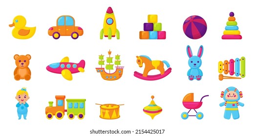 Baby toy set. Cute object for small children to play with, wooden and plastic toys, stuffed animals, fun and activity. Vector illustration. Vector illustration