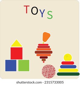 Baby toy set. Cute object for small children to play with, wooden and plastic toys, fun and activity. Vector flat style cartoon illustration